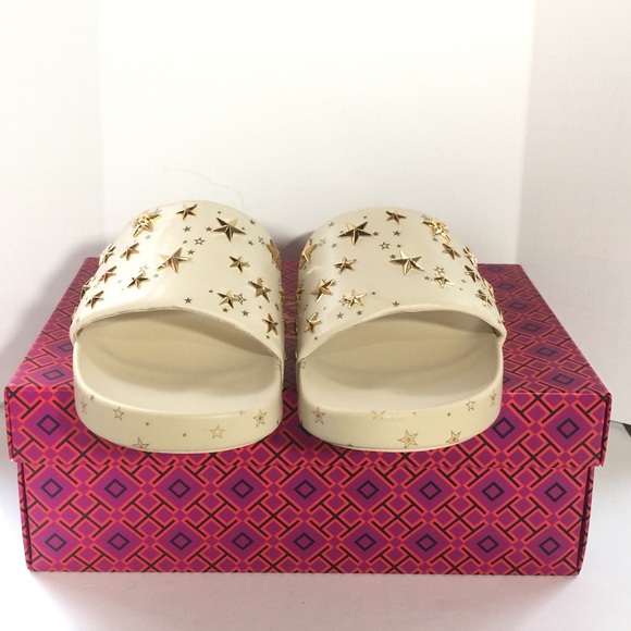New Tory Burch Star Slides Leather Gold Cream - Picture 3 of 7
